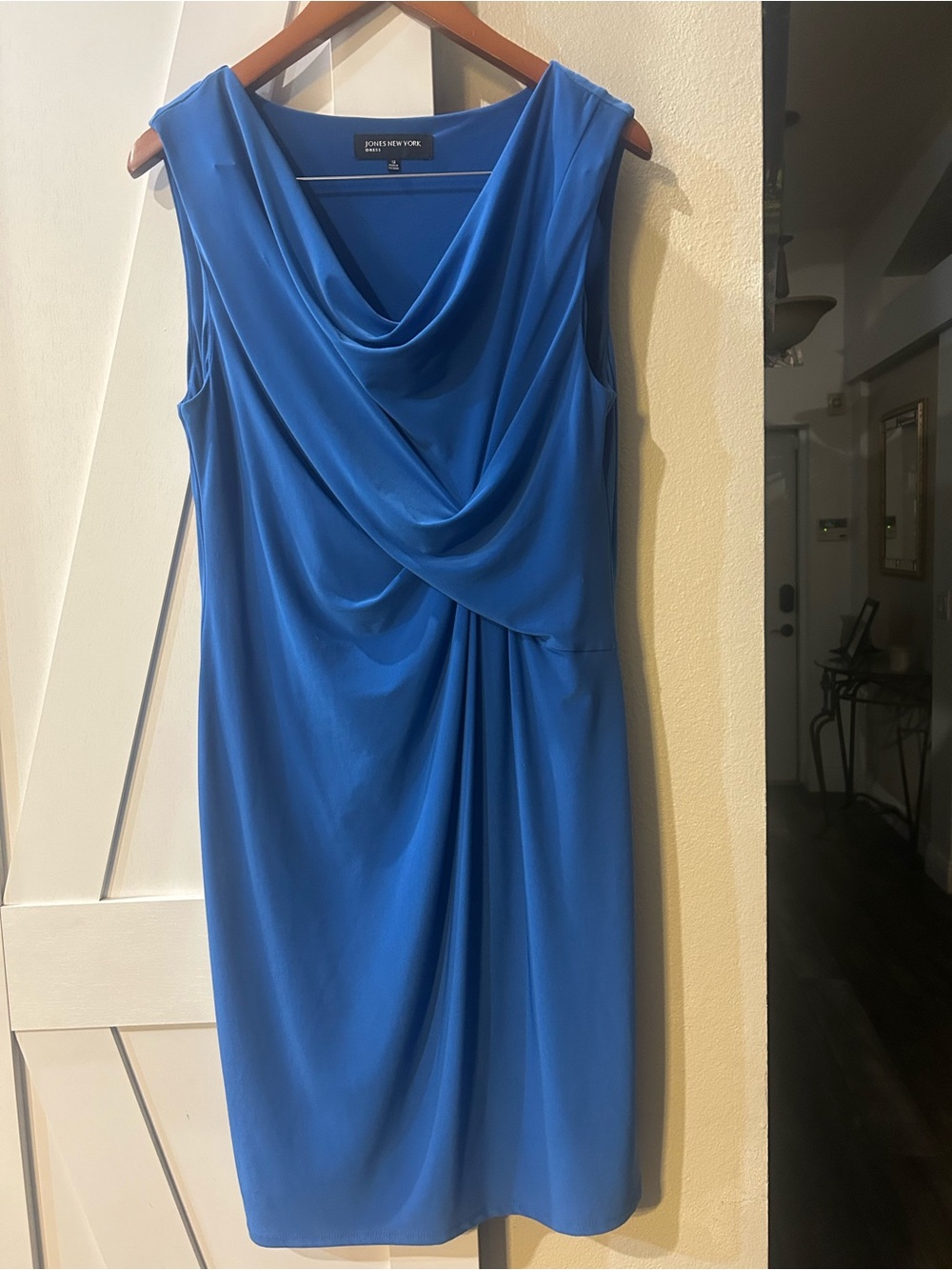 Jones New York Cowl Neck Draped Sheath Dress in Blue